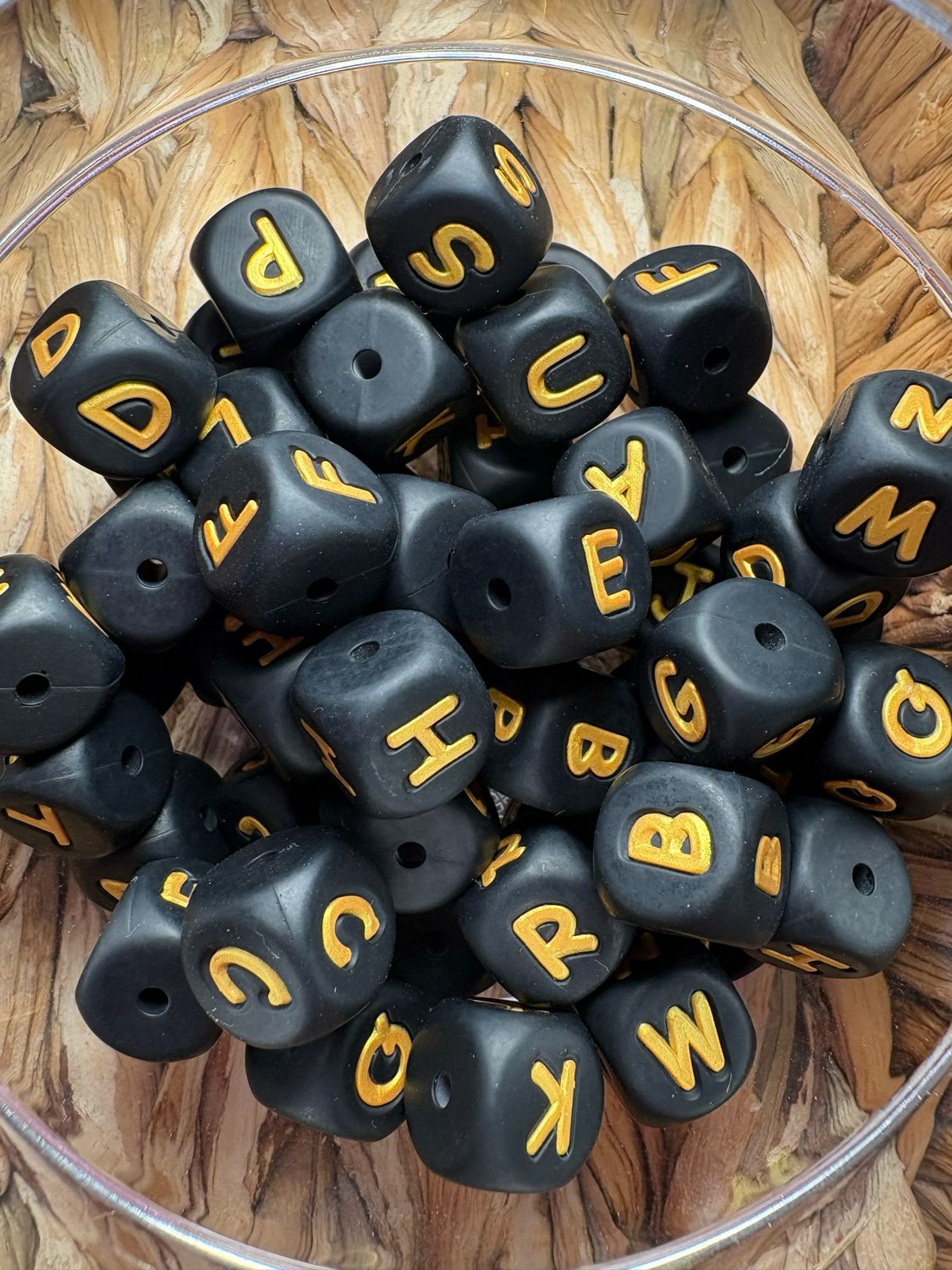 Bulk Bag-Black &amp; Gold Silicone Letter Beads-52pc