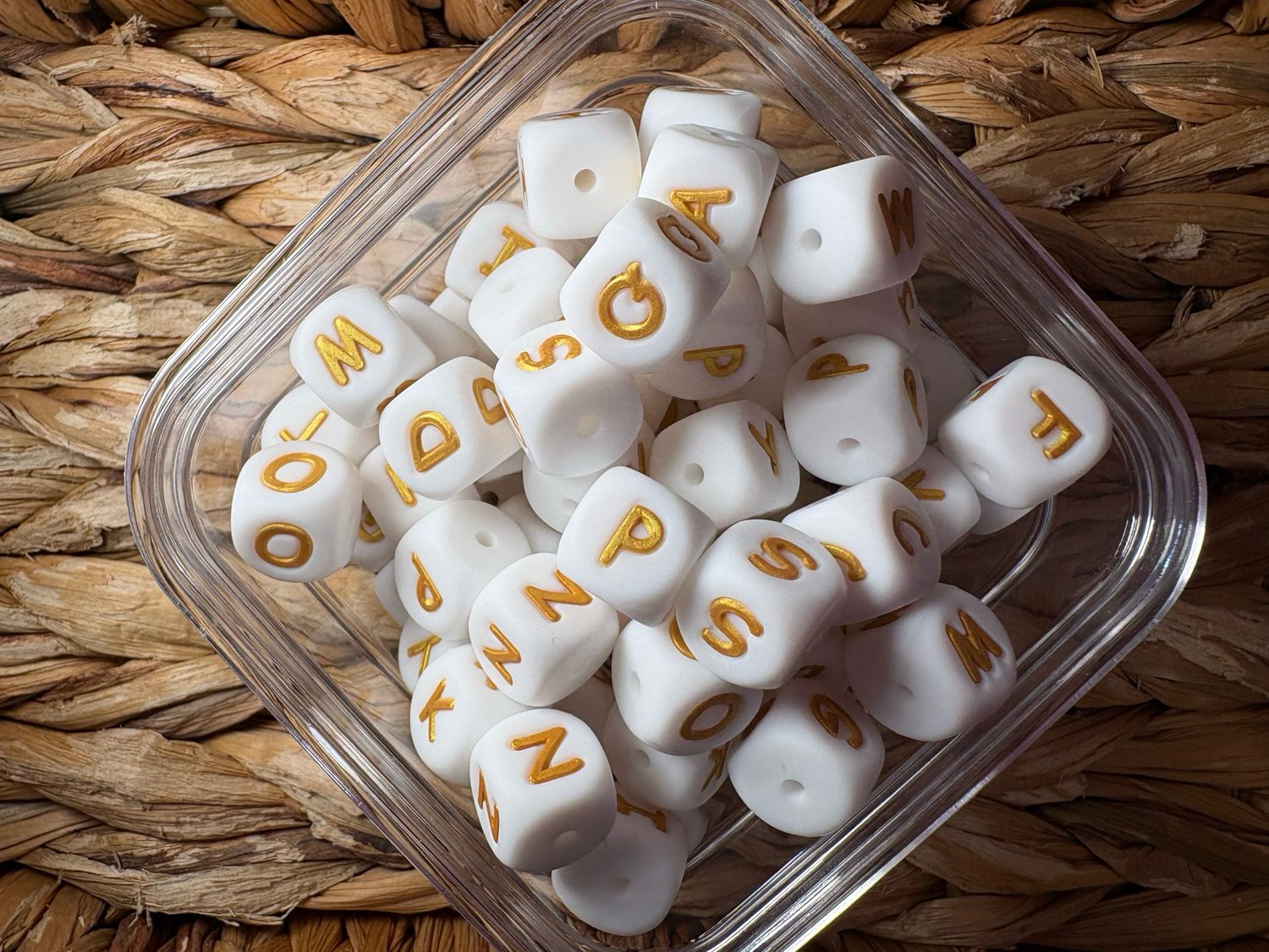 Bulk Bag Silicone Letters- 4 of Each Letter- White &amp; Gold