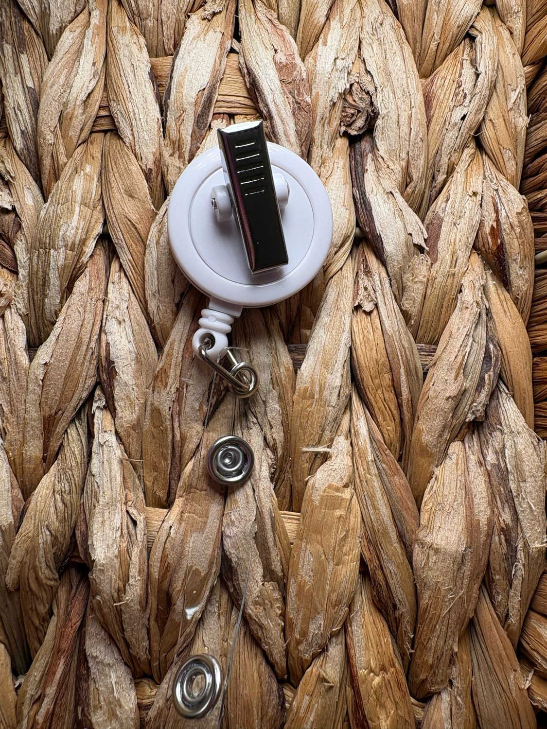White Badge Reel- Claw Clip