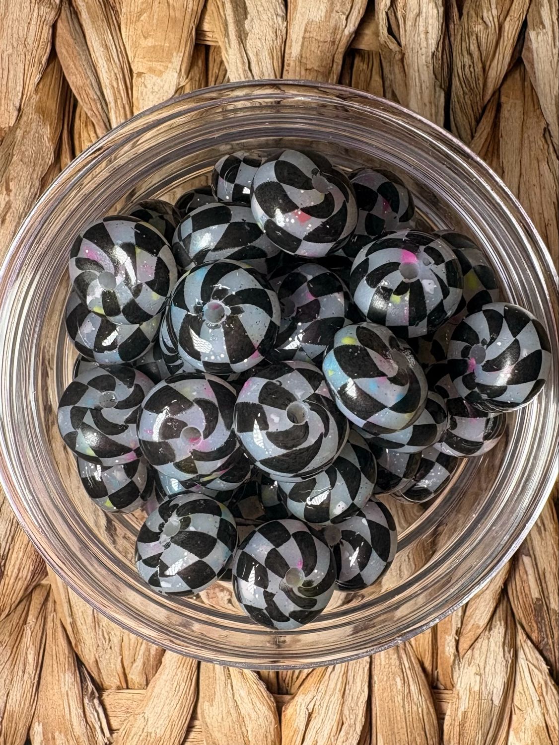Black Plaid Rainbow Confetti Liquid Abacus Spacer