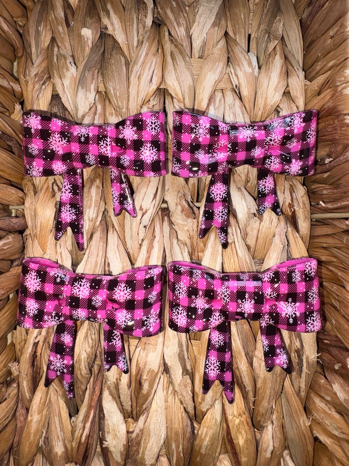 Shiny Pink Snowflake Plaid Straw topper ST14