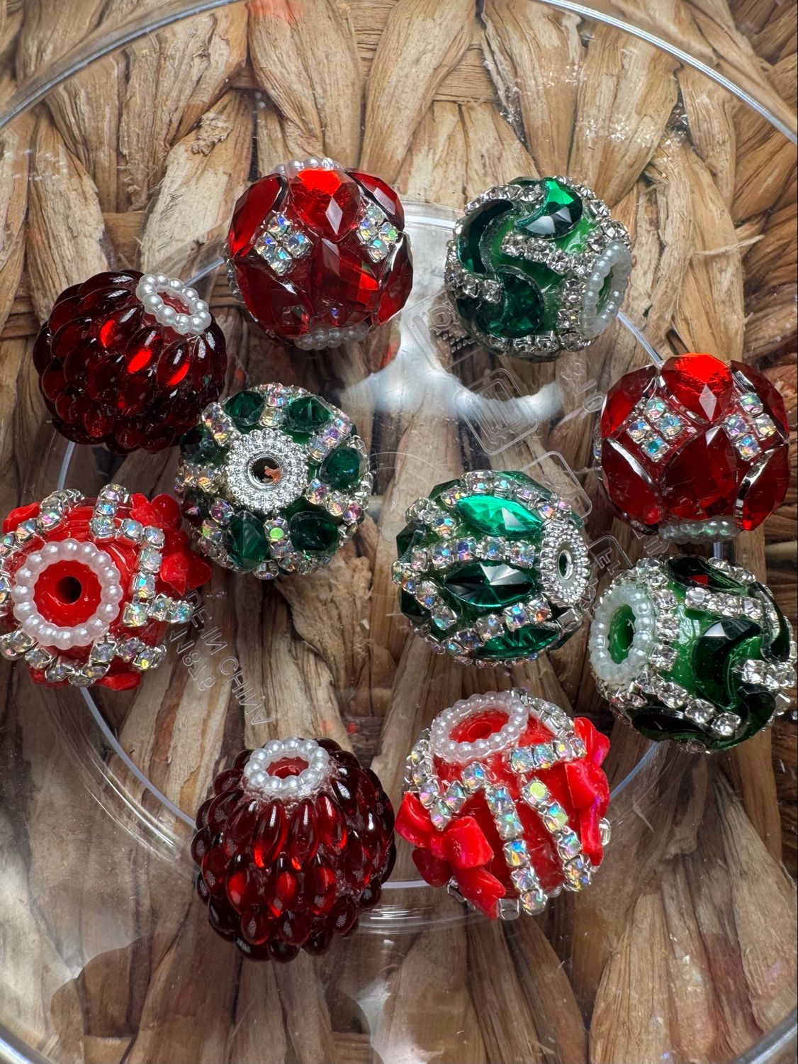 Bulk Bag- Green &amp; Red Fancy Beads-10pc