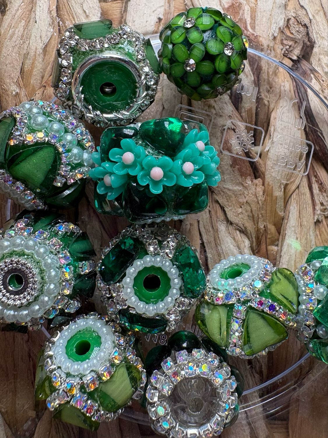 Bulk Bag- Dark Green Fancy Beads-10pc