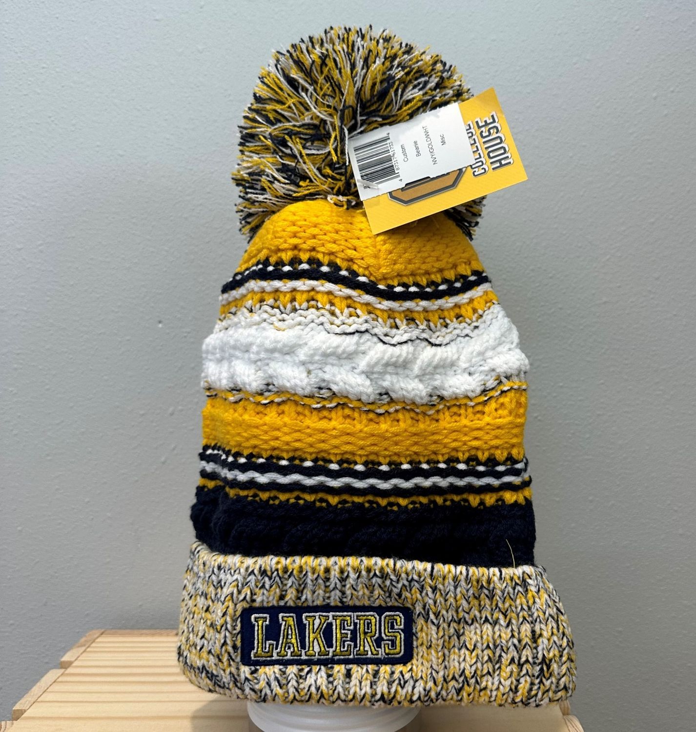 Pom Pom Beanie Gold/Navy/Wht