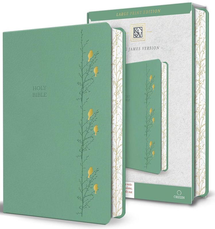 KJV Holy Bible, Large Print Medium Format, Green with Birds Faux Leather w/ Ribbon Marker, Red Letter