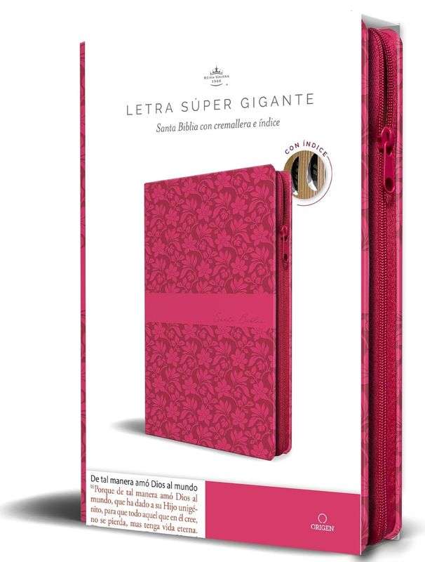 Biblia Reina Valera Revisada 1960 letra súper gigante, símil piel fucsia rosada, cremallera e índice