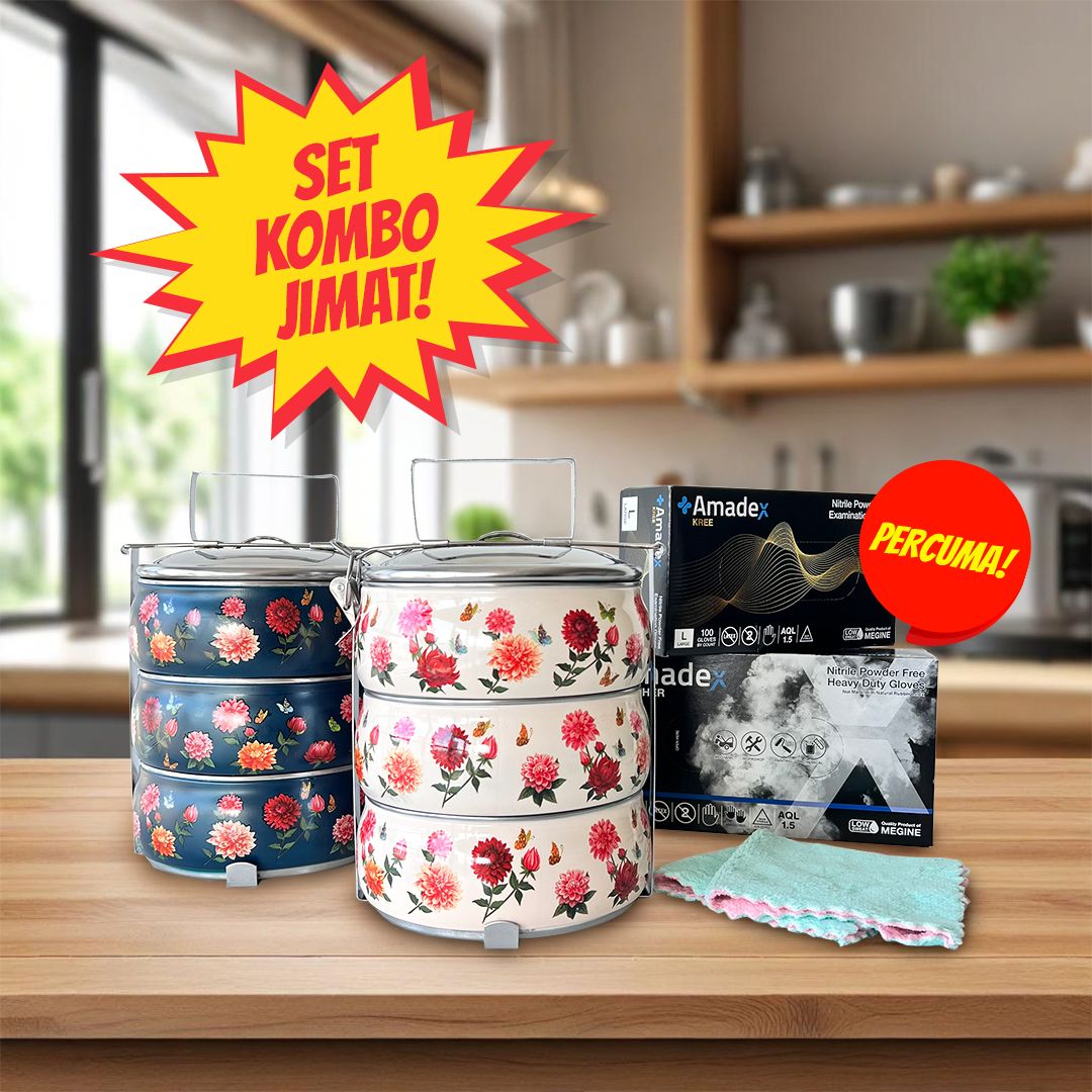 MANGKUK 3 TINGKAT BELLY - DAHLIA (KRIM &amp; BIRU GELAP) PERCUMA TUALA DAPUR &amp; SARUNG TANGAN GETAH
