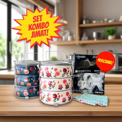 MANGKUK 3 TINGKAT BELLY - DAHLIA (KRIM &amp; BIRU GELAP) PERCUMA TUALA DAPUR &amp; SARUNG TANGAN GETAH