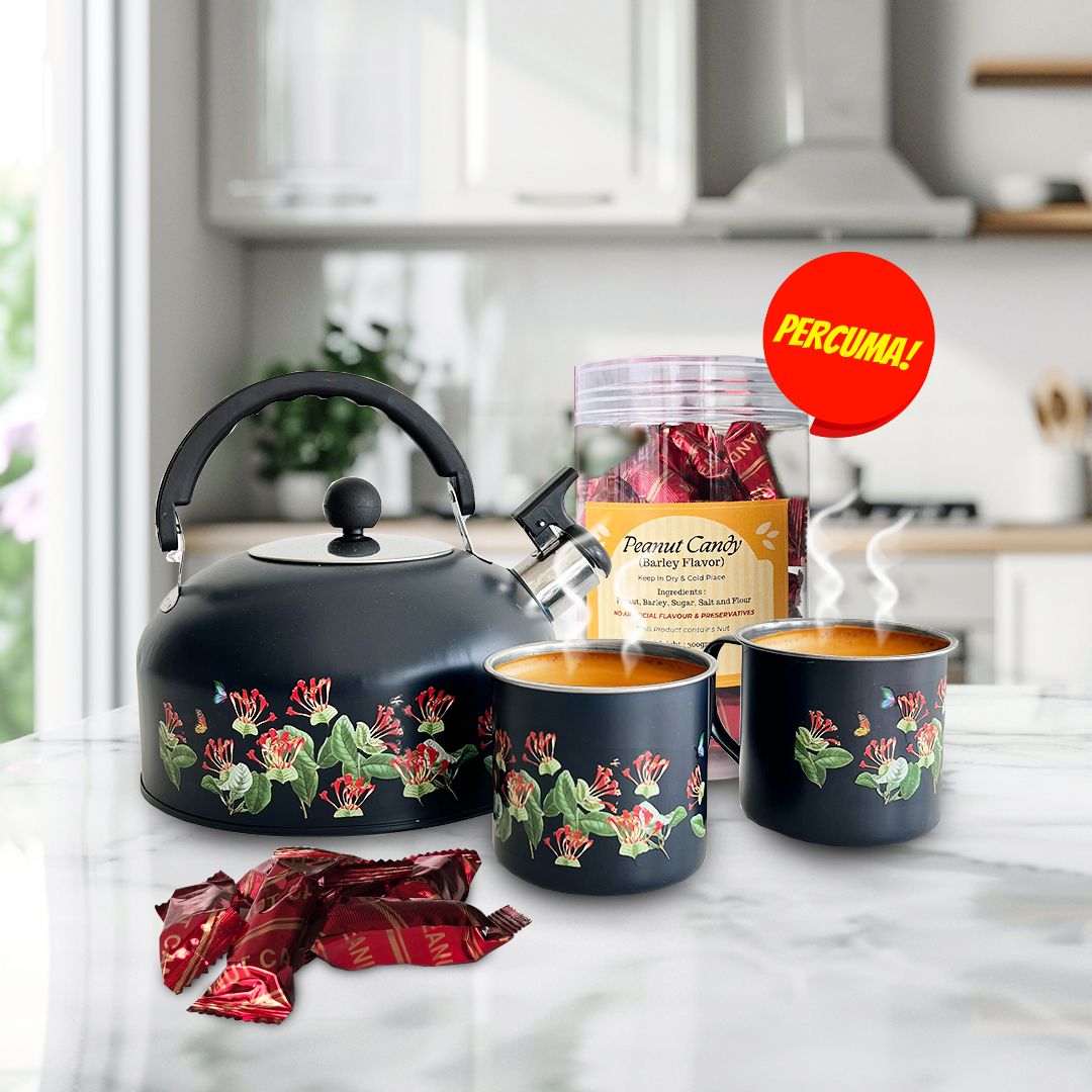 (KOMBO) SET TEH + 2 CAWAN- HONEYSUCKLE (BIRU TUA) DENGAN TUALA DAPUR PERCUMA KACANG BARLI 300GM