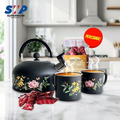 (BUNDLE) SET TEH + 2 CAWAN- AZALEA (HITAM) DENGAN TUALA DAPUR PERCUMA KACANG BARLI 300GM