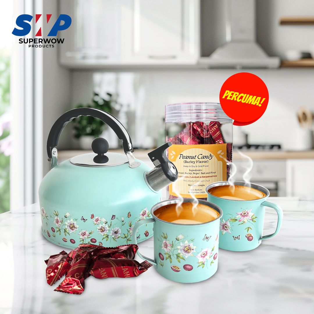 (BUNDLE) SET TEH + 2 CAWAN- PASSION (TEAL) DENGAN TUALA DAPUR PERCUMA KACANG BARLI 300GM