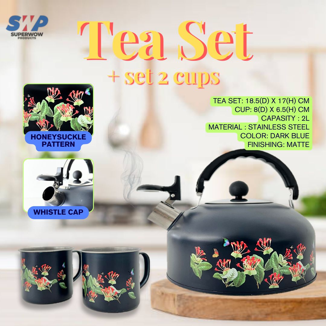 (BUNDLE) SET TEH + 2 CAWAN - HONEYSUCKLE (BIRU GELAP) DENGAN TUALA DAPUR