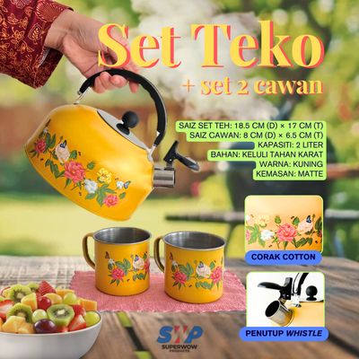 (BUNDLE) SET TEH + 2 CAWAN - COTTON (KUNING) DENGAN TUALA DAPUR