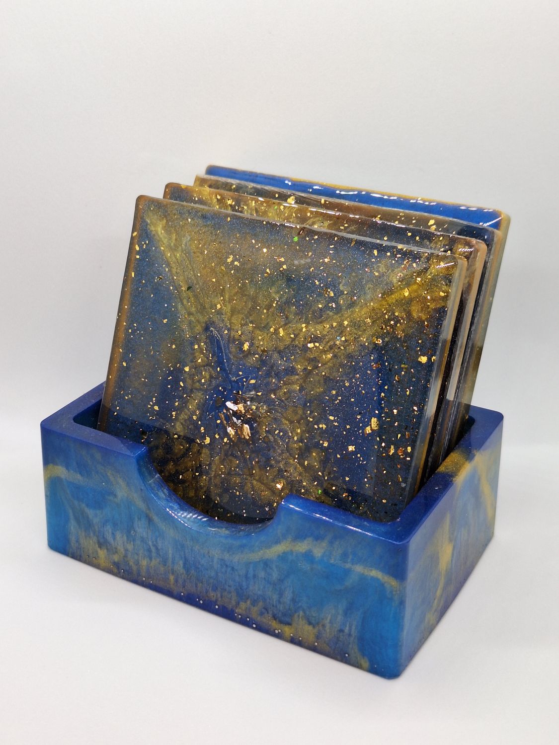 Golden Blue Coasters with Holder (Set of 4)