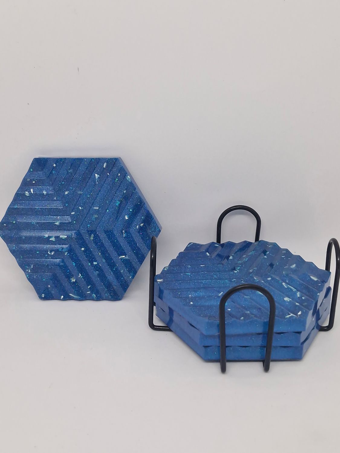 Azure Blue Hexagonal Resin Coaster with Holder (Set of 4)