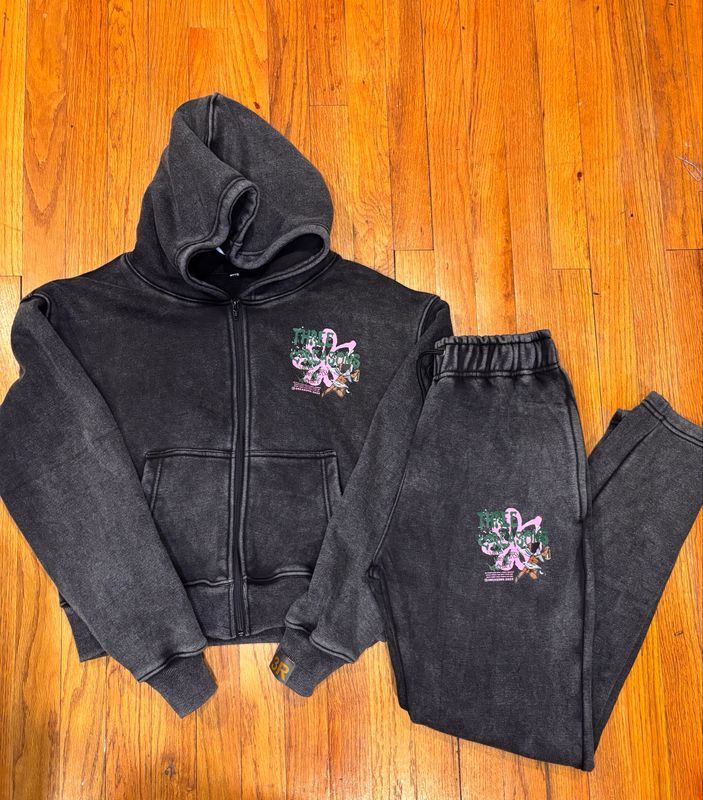 3R Women’s Acid Wash Grey Crop Zip up Set