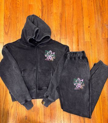 3R Women’s Acid Wash Grey Crop Zip up Set