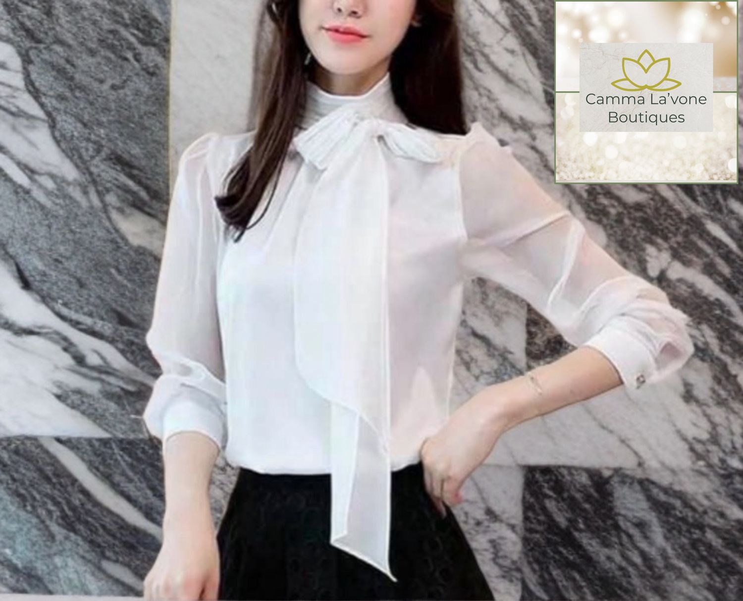 (NEW) Elegant Women Organza Collar Bow Of Pearl White Blouse