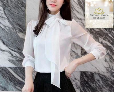 (NEW) Elegant Women Organza Collar Bow Of Pearl White Blouse