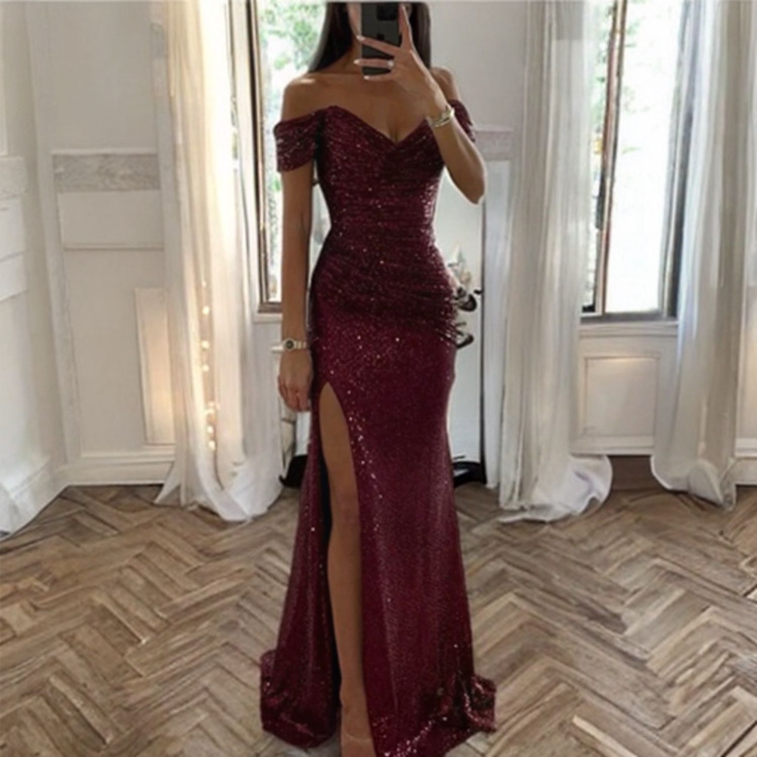 (NEW Burgundy) Trendy Wedding/ Party /Prom Sequin A Line Off Shoulder Evening Gown