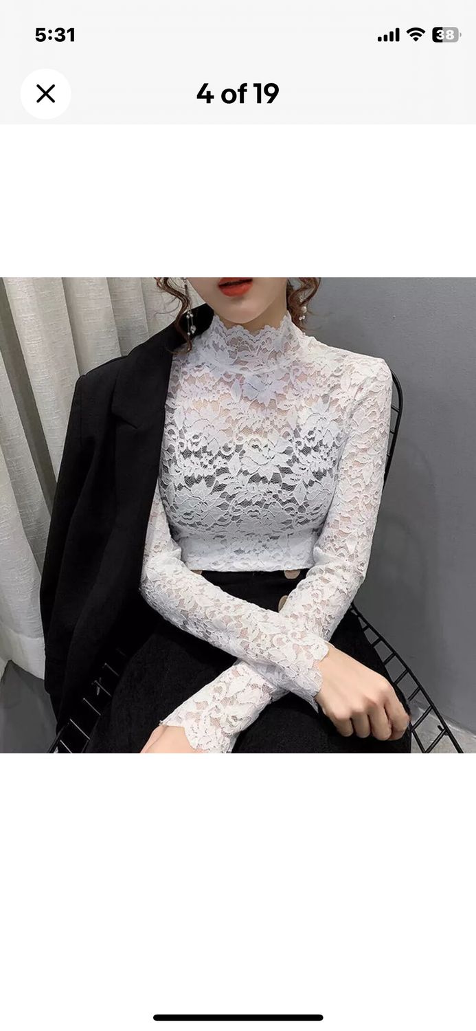 Women Turtleneck Blouse Floral Lace Long Sleeve Tops Hollow Sheer Shirt Pullover