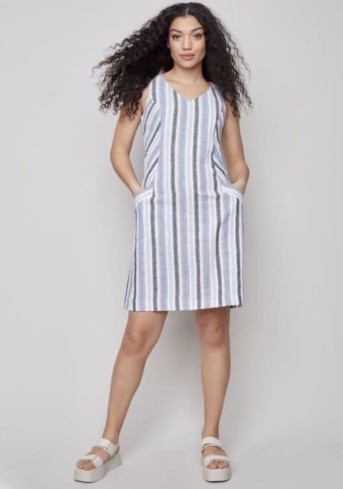 CB Sleeveless Striped A Line Dress, Color: Cerulean, Size: Small