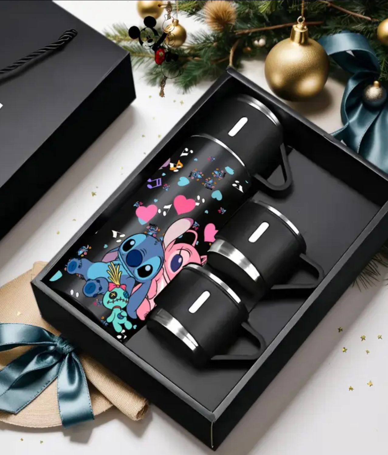 Stitch Stainless Steel Thermos, Color: Black 16oz