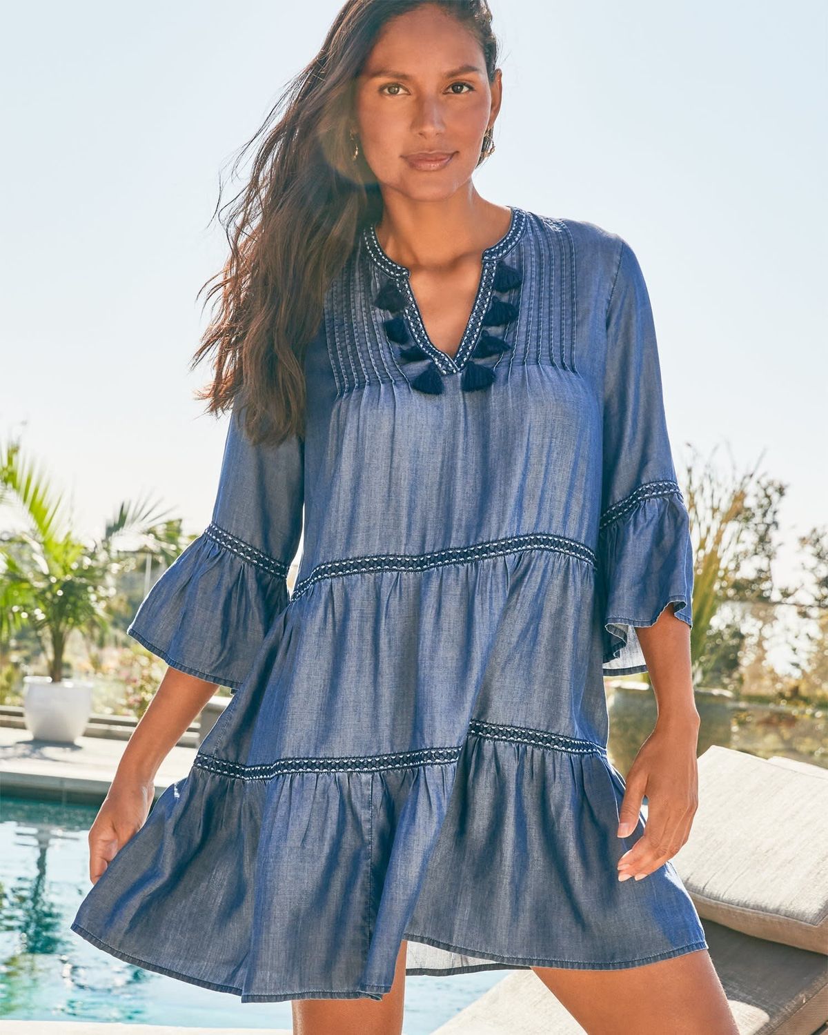 TOMMY BAHAMA CHAMBRAY EMB TIER DRESS 
