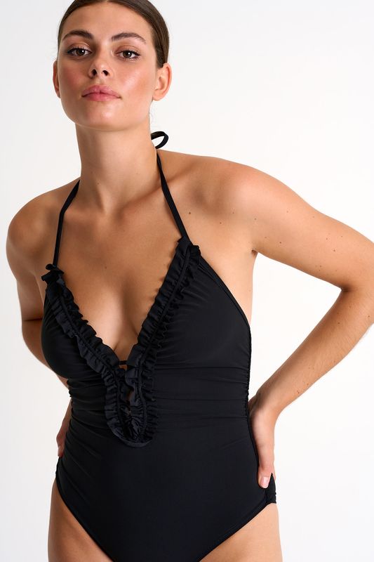 SHAN 1PC BLACK RUCHED HALTER
