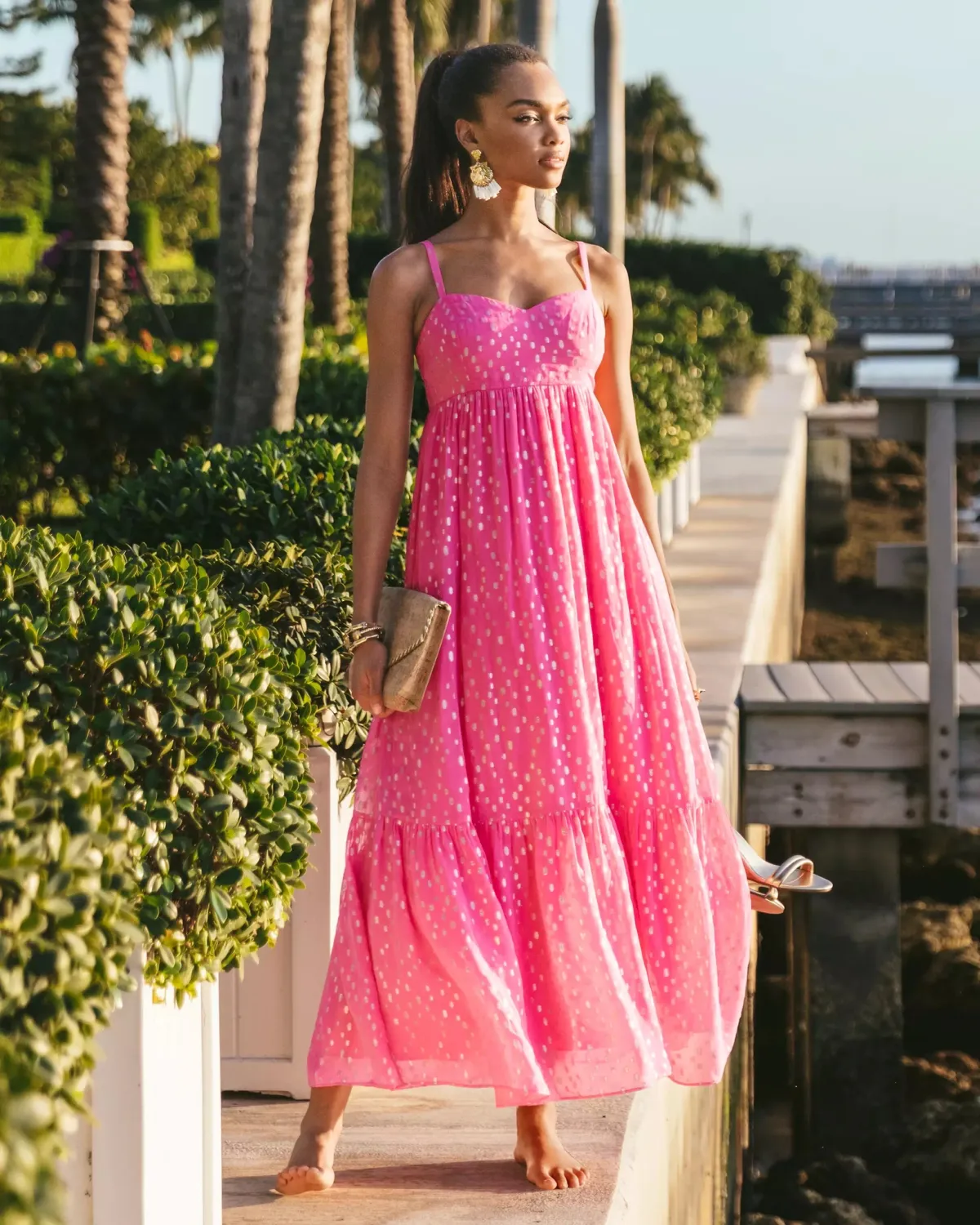 LILLY PULITZER HIEDI MAXI DRESS AURA PINK VISCOSE METALLIC CLIP DOBBY