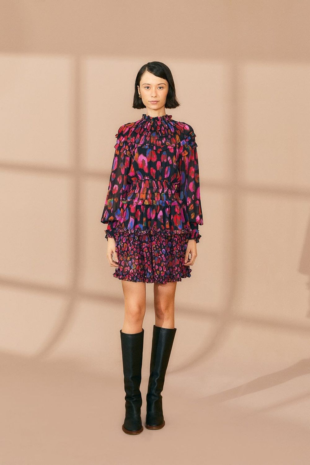 FARM RIO IRIDESCENT LEOPARDS BLACK RUFFLED MINI DRESS