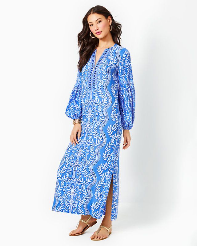 LILLY PULITZER LAURELIE LONG SLEEVE MAXI ABACO BLUE HAVE IT BOTH RAYS ENGINEERED WOVEN MAXI