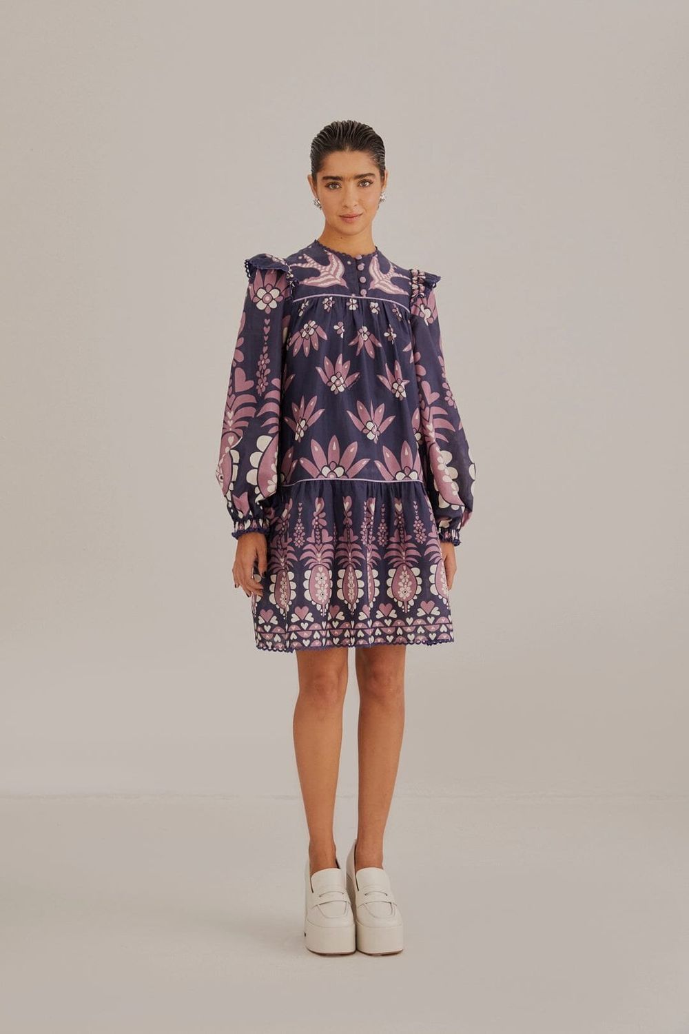 FARM RIO AINIKA MARTINA DARK BLUE LONG SLEEVE MINI DRESS