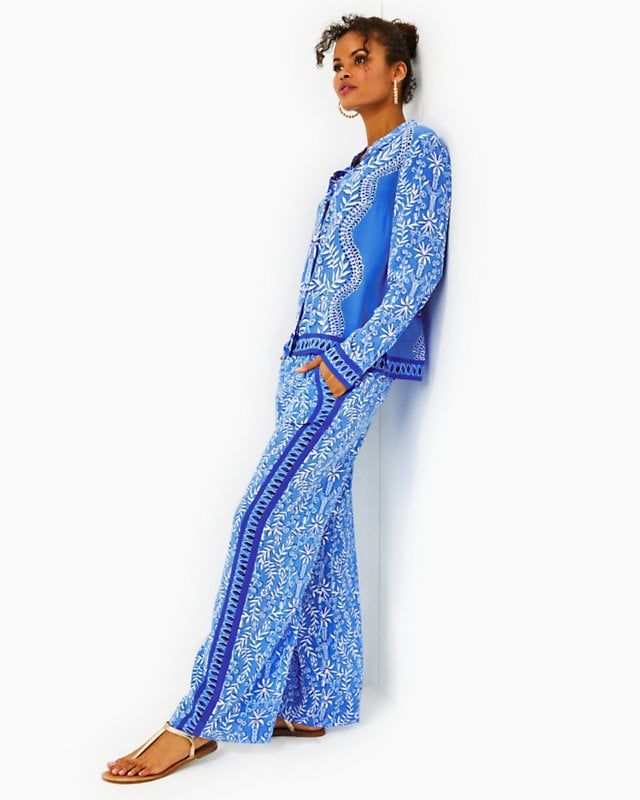 LILLY PULITZER SOLAY SILK PALAZZO ABACO BLUE HAVE IT BOTH RAYS ENGINEERED PANT