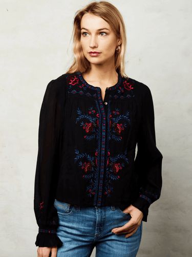 LOVE THE LABEL Luanne Embroidered L/S Top Black Karina Embroidery