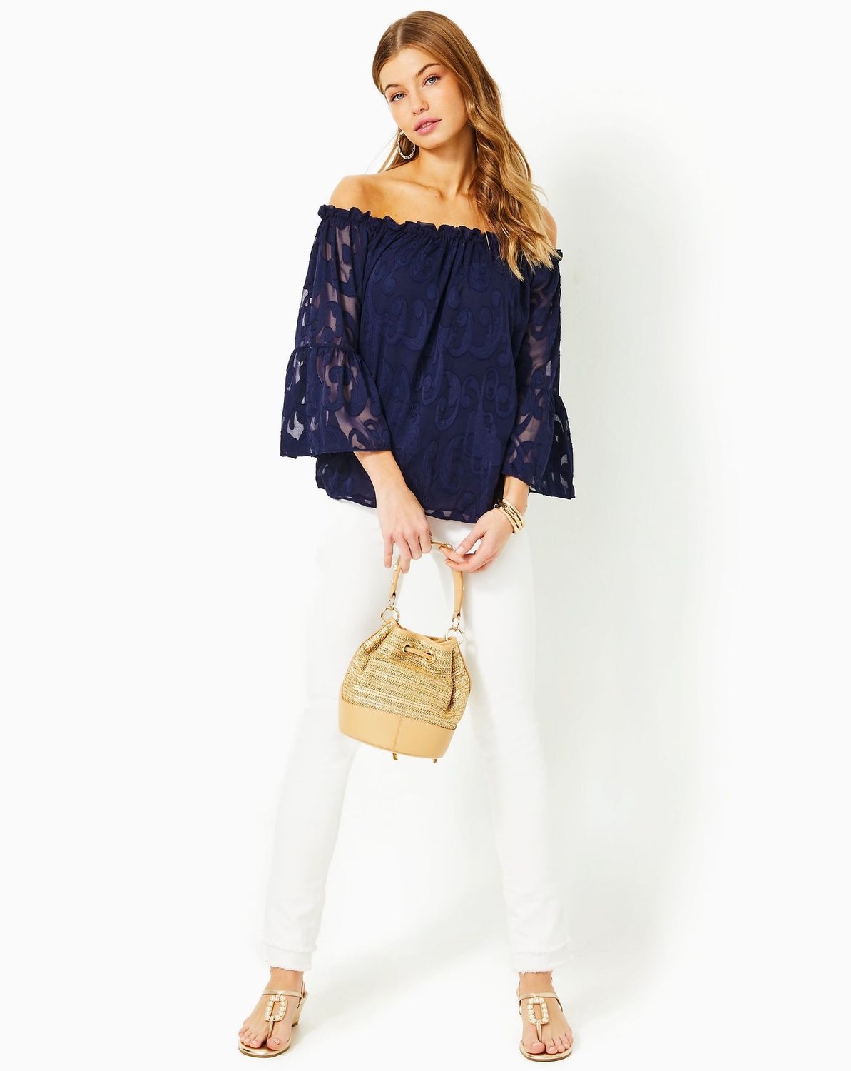 LILLY PULITZER NEVIE LONG SLEEVE OFF THE TRUE NAVY POLY CREPE SWIRL CLIP
