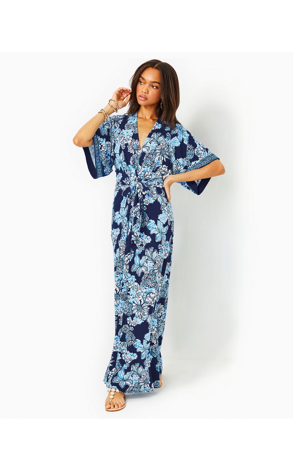 LILLY PULITZER WISTERIA ELBOW SLEEVE V-N LOW TIDE NAVY BOUQUET ALL DAY ENGINEERED KNIT MAXI DRESS