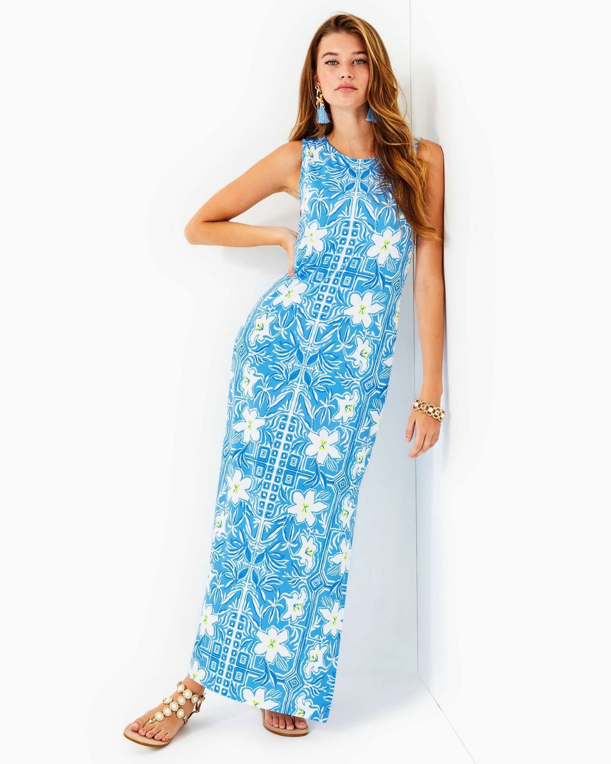 LILLY PULITZER NOELLE MAXI DRESS LUNAR BLUE MY FLUTTER HALF ENGINEERED KNIT MAXI DRESS