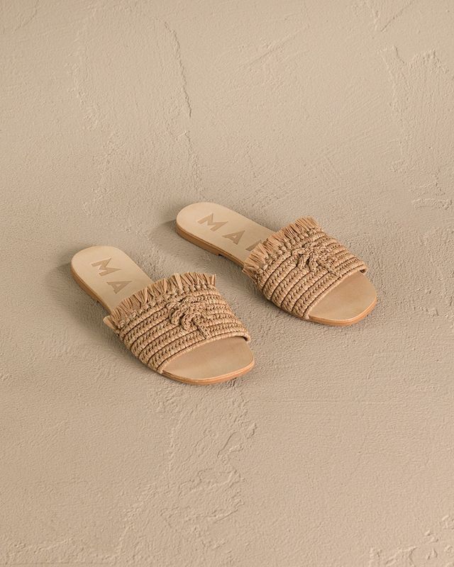Manebi leather sandals tan with palm fringed knots raffia
