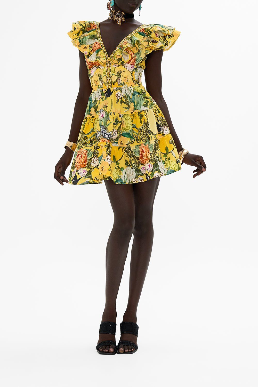 CAMILLA TIERED SHORT DRESS WITH NECK FRILL PATHS OF GOLD
