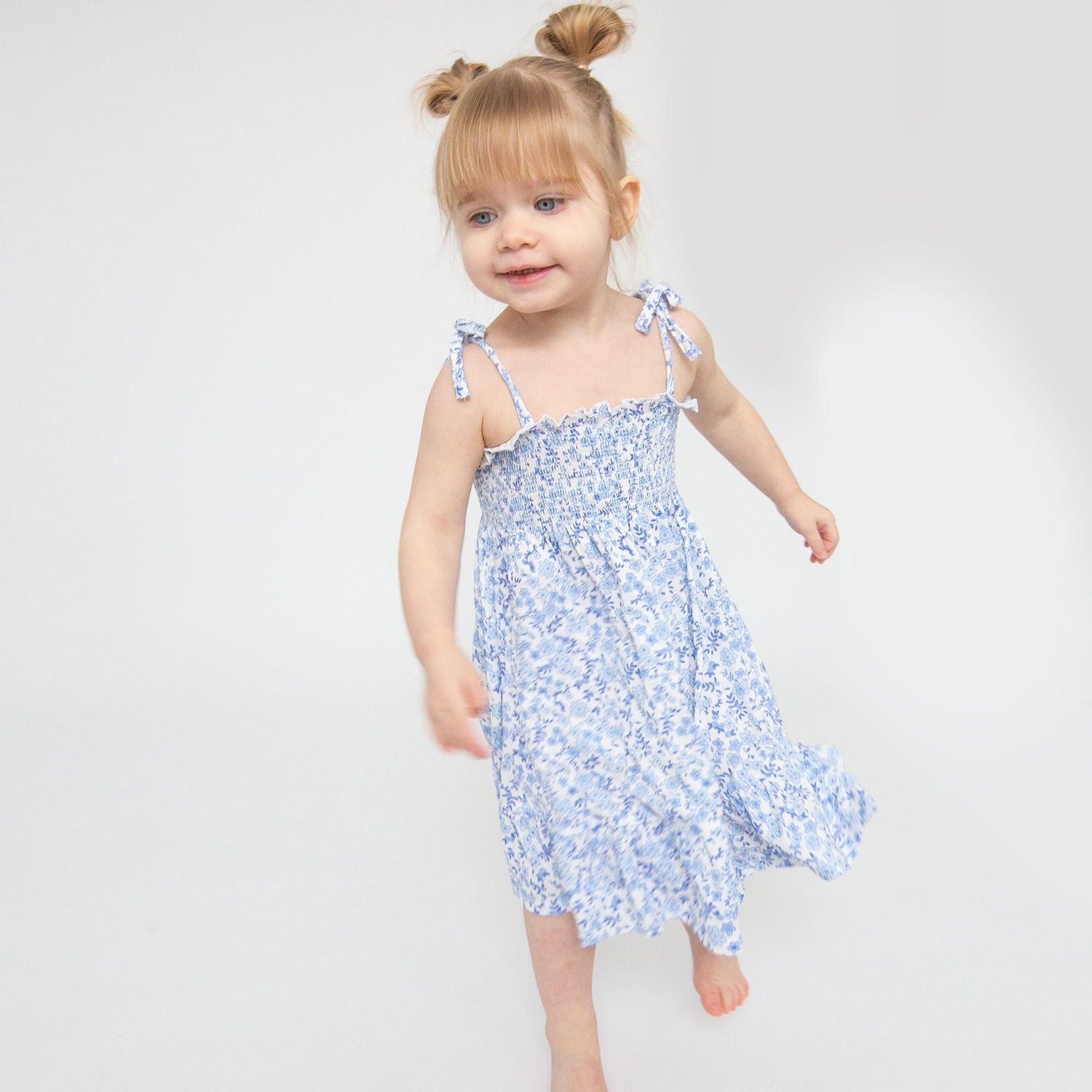 Angel Dear SB Blue Calico Floral Tie Strap Smocked Sun Dress DC