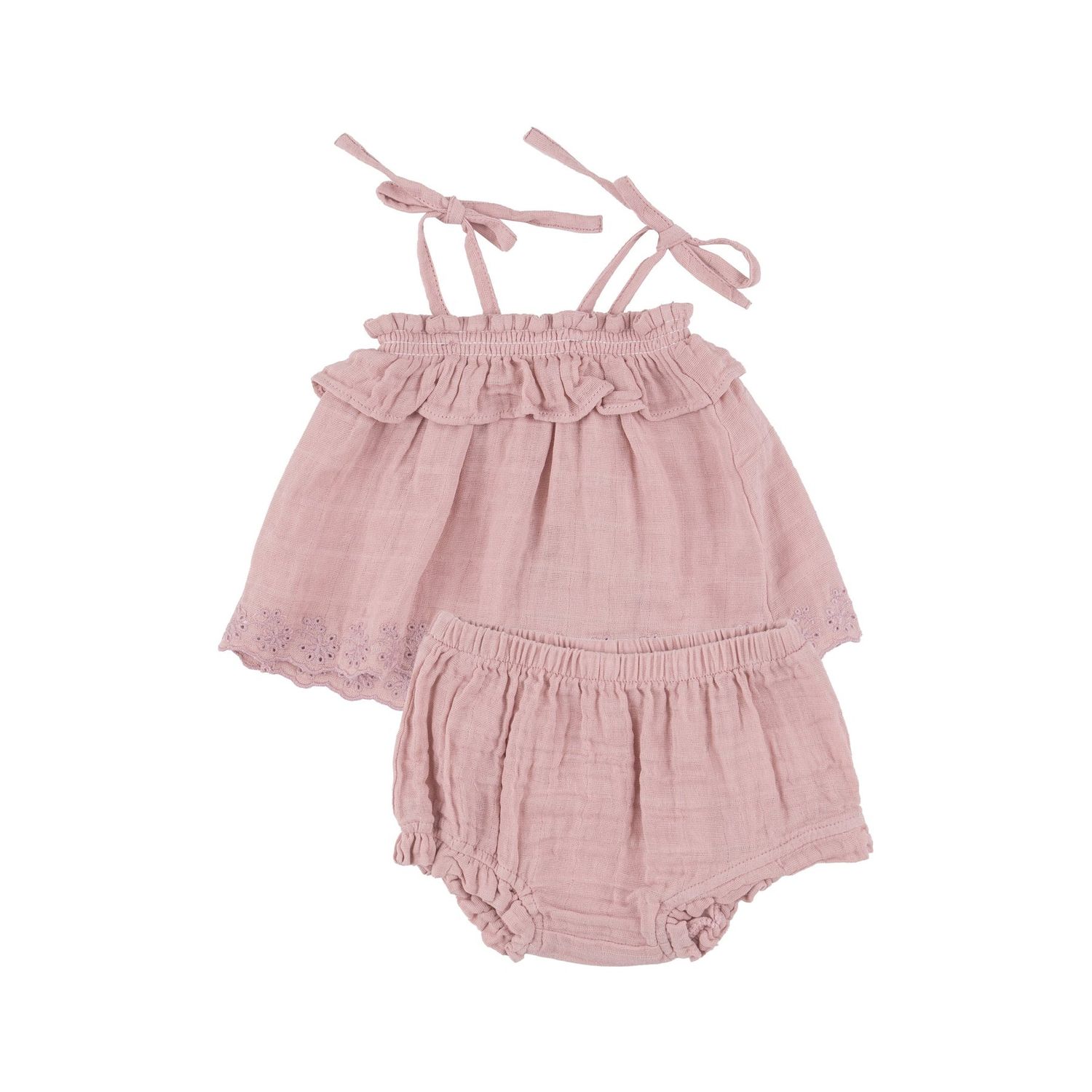 Angel Dear SB Dusty Pink Solid Muslin Ruffle Top + Bloomer