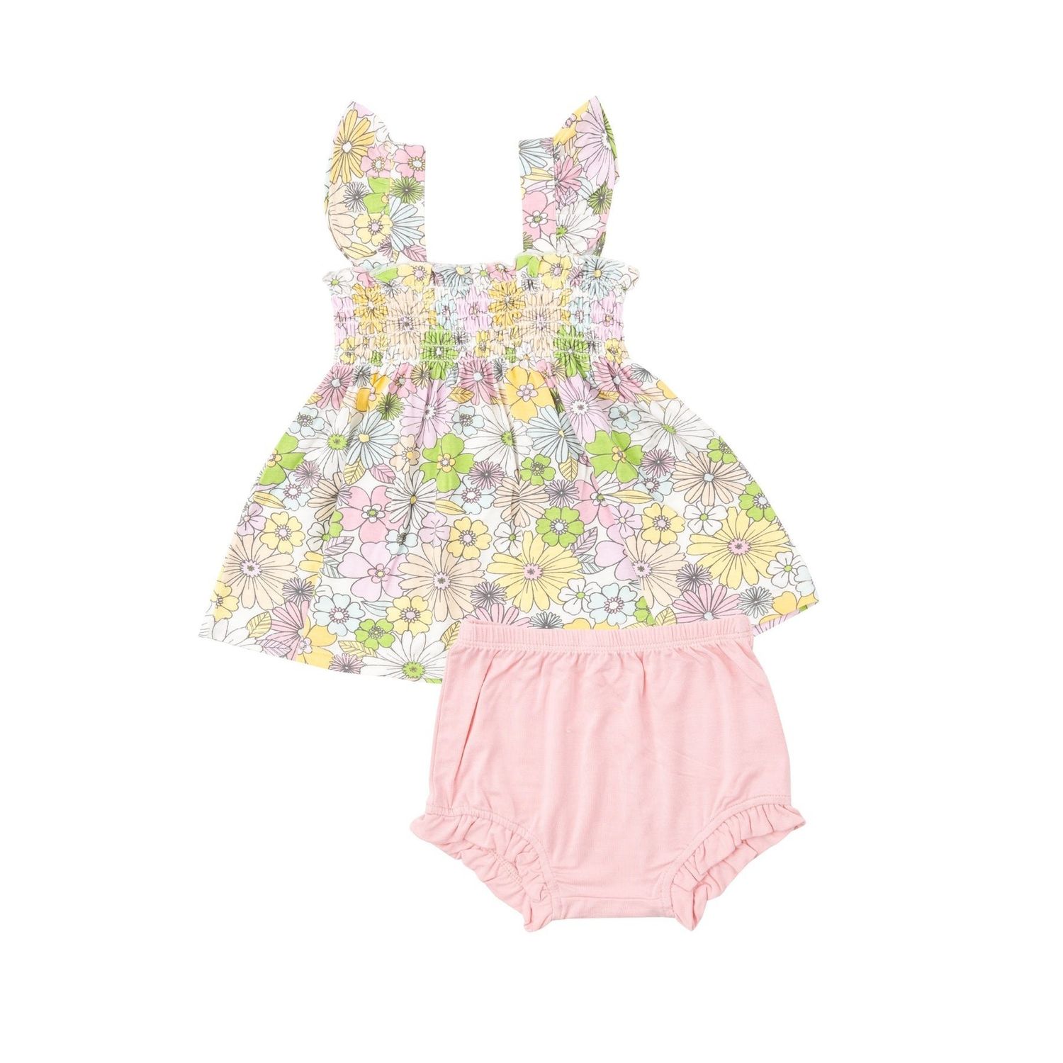 Angel Dear SB Mixed Retro Floral Ruffle Strap Smocked Top + DC