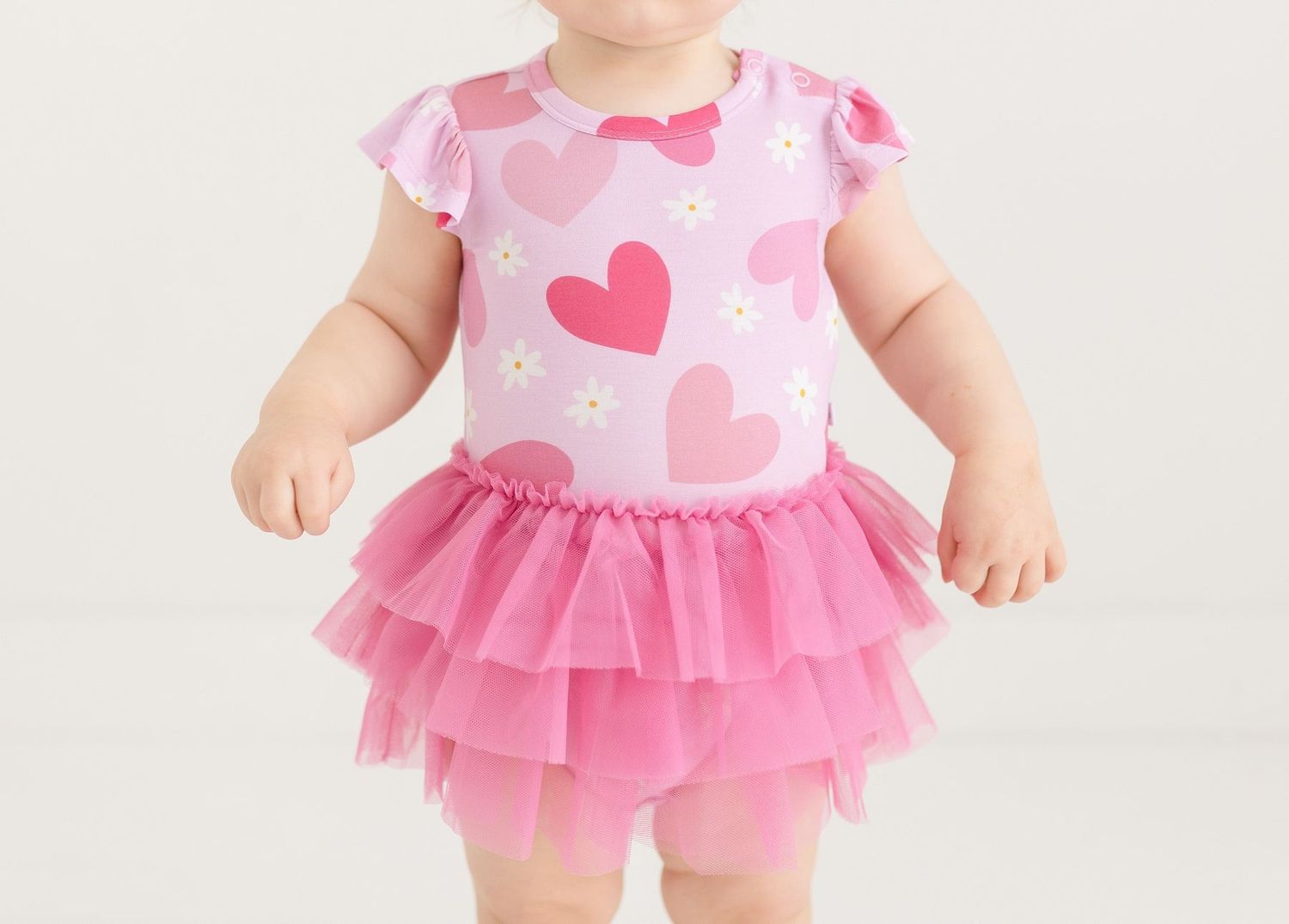 Posh Peanut Daisy Love - Ruffled Cap Sleeve Tulle Skirt Bodysuit BRIGHT PINK