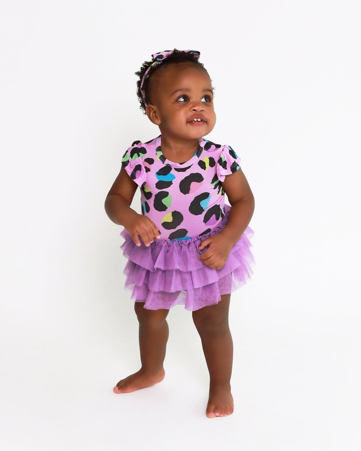 Posh Peanut Electric Leopard - Ruffled Cap Sleeve Tulle Skirt Bodysuit
