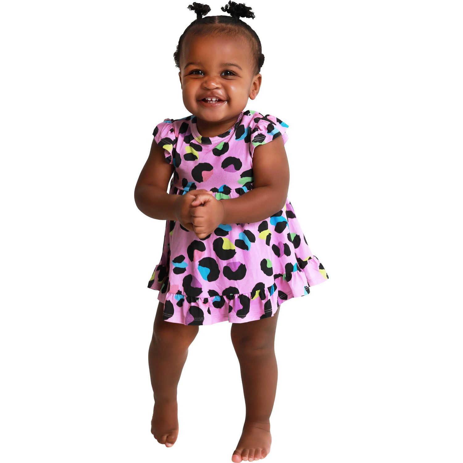 Posh Peanut Electric Leopard - Capsleeve Basic Ruffled Bodysuit Dress