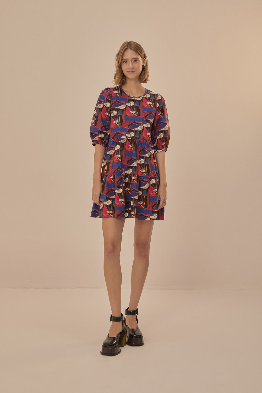 FARM RIO WILD MUSHROOMS BLACK PUFF SLEEVE MINI DRESS