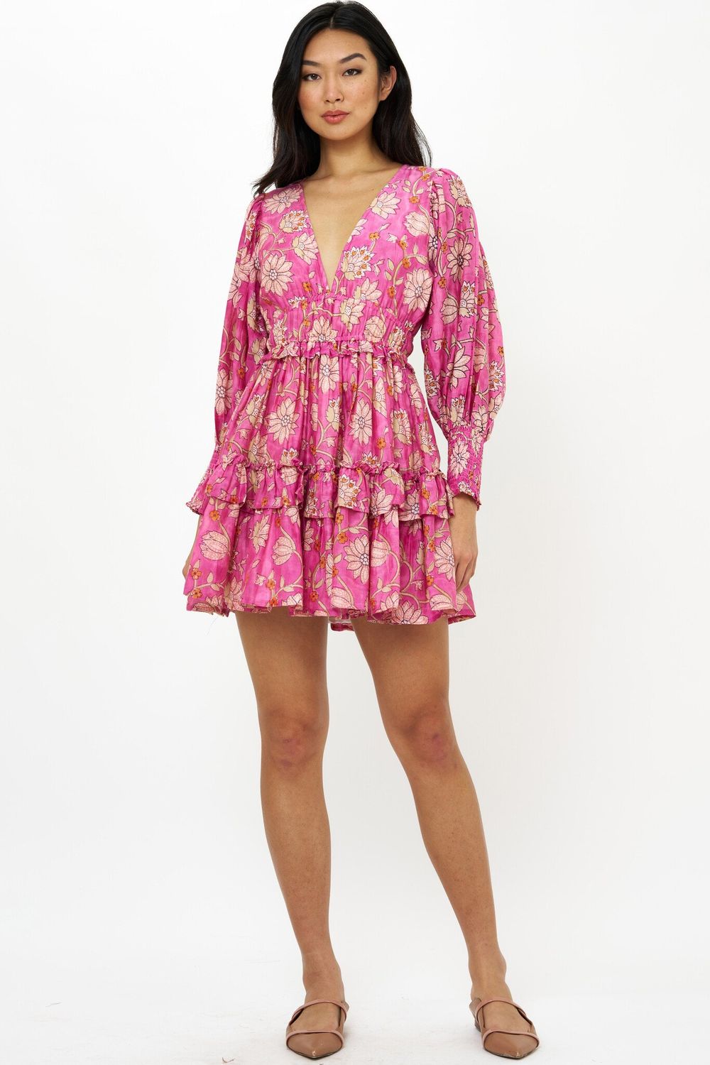 Oliphant Smocked Waist V-Neck Mini Presidio Magenta