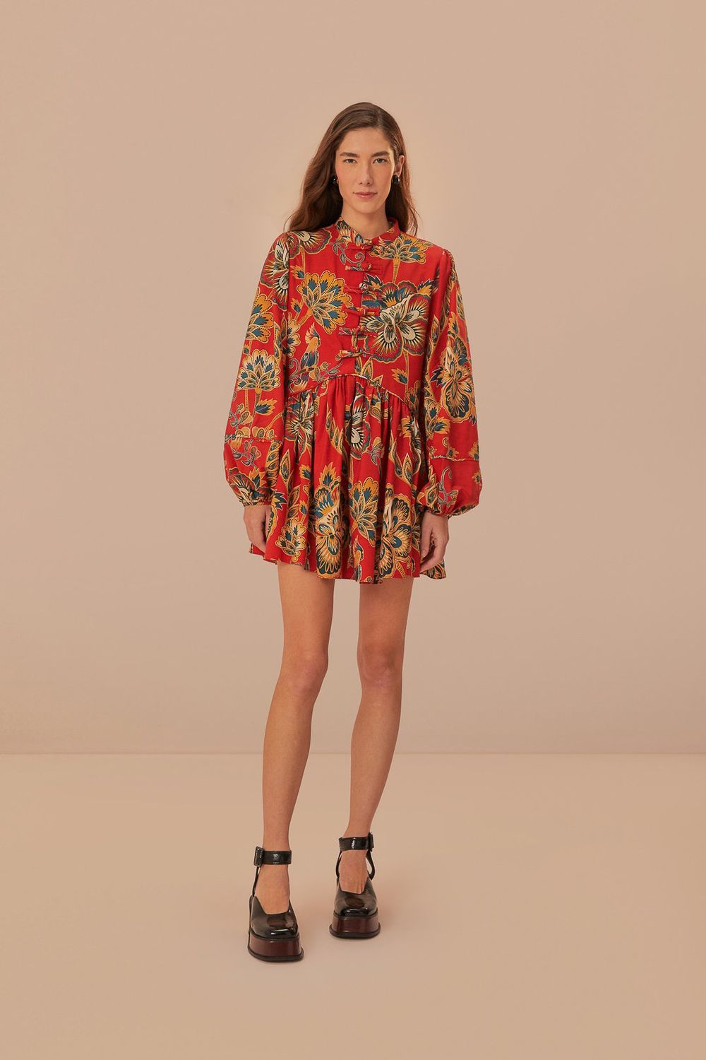 FARM RIO RED MAXI FLORAL MINI DRESS LONG SLEEVE