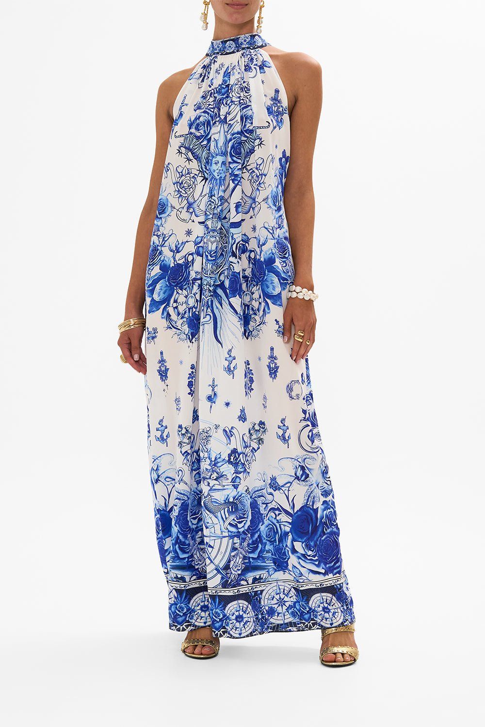 CAMILLA TIE NECK LONG DRESS IMMORTAL INK
